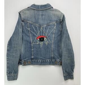 GAP Hand Embroidered Evil Eye Stretch Denim Trucker Jacket Y2K Distressed SZ XS